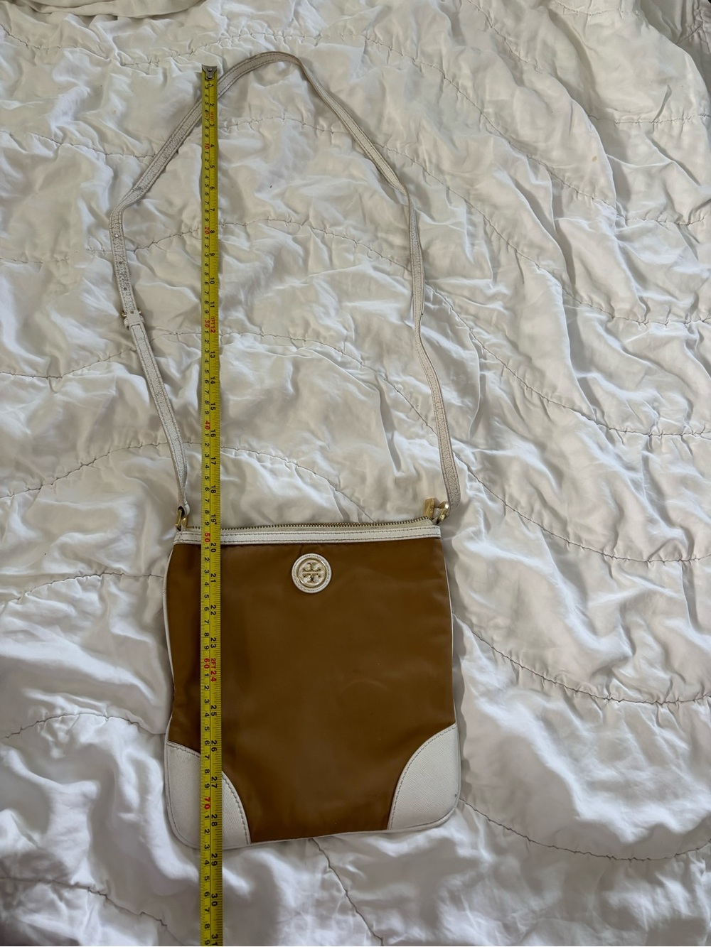 Tory Burch Canvas Nylon Leather Crossbody Bag Tan White Gold Logo
